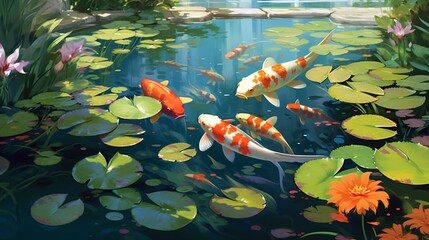 A serene koi pond, with vibrant fish gliding gracefully beneath lily pads