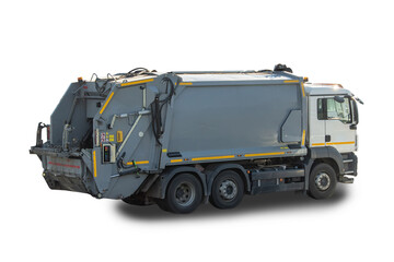 Garbage trucks into waste emptying containers for waste disposal, solate on white background, Clipping path.