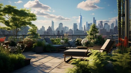 A serene rooftop garden, offering a peaceful escape from the urban hustle and bustle