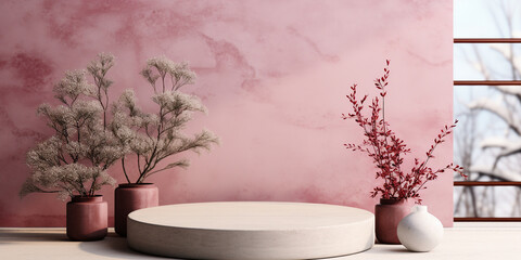 Wunderschöne Blumen in rosa Rot vor edler Wand und mit edler dekoration im Querorfmat für Banner, ai generativ