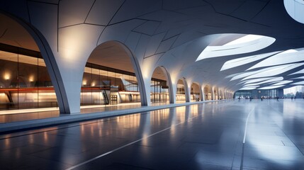 A sleek, modern train station with minimalist design elements