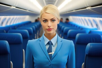 Beautiful stewardess, flight attendant standing in plane. Generative AI