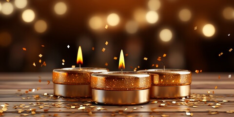Drei Kerzen Lichter mit goldenen Bokeh Querformat für Banner, ai generativ