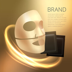 Sheet face mask advertisement concept. Cotton or gel gold face mask with package and text block. Vector realistic illustration