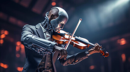 ki robotic is playing violin - obrazy, fototapety, plakaty