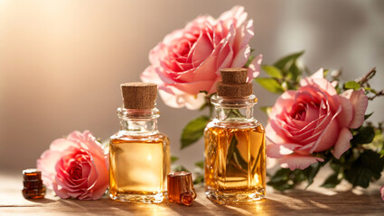 Obraz na płótnie Canvas Cosmetic oil, rose flower