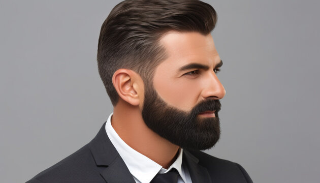 portrait of a handsome man with beard - grey backdrop - Generative Ai