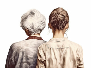 Grandmother and young woman stand together, view from the back and close-up. Generative AI