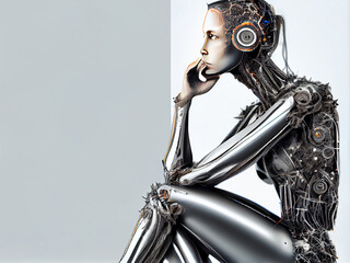 Portrait of a thoughtful sitting humanoid robot, close-up. Generative AI