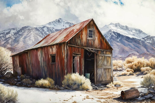 Old dilapidated barn or shed. A shed built near a mountain in the remote countryside of America or Europe. Rustic and resonant watercolor painting