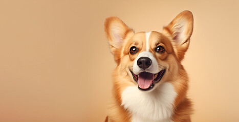 Portrait of a dog breed Welsh Corgi on beige background, close-up, banner, space for text