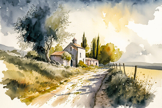 A rural landscape somewhere in Europe or France. A fine mansion can be seen in image. Rustic and resonant watercolor painting