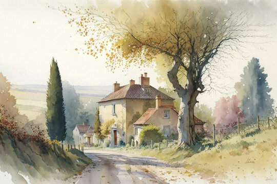 A rural landscape somewhere in Europe or France. A fine mansion can be seen in image. Rustic and resonant watercolor painting