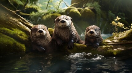 A trio of river otters sliding down a mossy riverbank into crystal-clear water