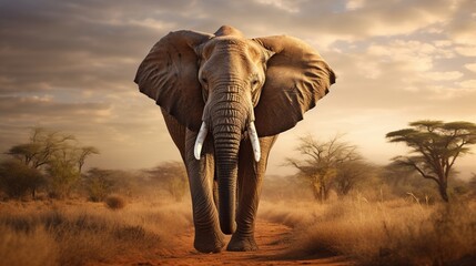 A wise old elephant standing tall amidst a serene, dusty African landscape