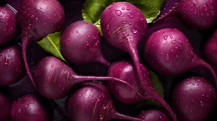 Macro photo of beets with leaves.