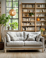 Grey sofa against window and book shelving unit. Scandinavian home interior design of modern living room. - obrazy, fototapety, plakaty