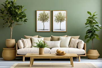 Rustic coffee table near sofa against green wall with two frames. Scandinavian home interior design of modern living room.