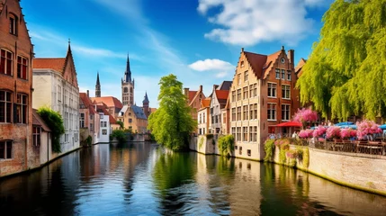 Fotobehang Brugge An enchanting canal winding through a historic city, flanked by colorful, centuries-old buildings