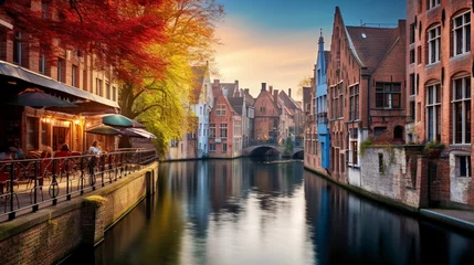 Photo sur Plexiglas Brugges An enchanting canal winding through a historic city, flanked by colorful, centuries-old buildings
