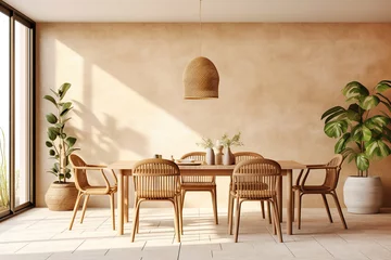 Foto op Plexiglas Rattan chairs and wooden dining table against beige stucco wall. Farmhouse interior design of modern dining room. © Vadim Andrushchenko