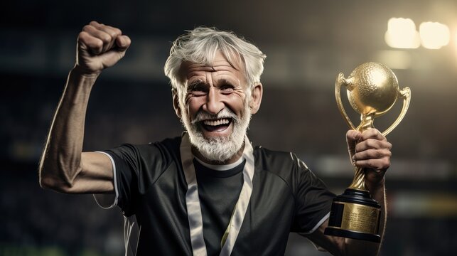 athletic elderly man proudly holding a golden trophy. perfect for motivational content and sports-related campaigns.