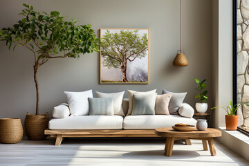 Rustic accent coffee table near sofa. Scandinavian home interior design of modern living room in farmhouse.