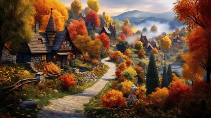 traditional village nestled amidst autumn foliage, with red and gold leaves, cozy cottages