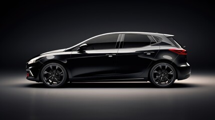 Automotive design of a sleek black hatchback from a side view. Ideal for automotive enthusiasts, designers, and advertising agencies.