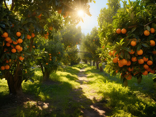 Close up of green mandarin trees on a field, bright sun light shining - obrazy, fototapety, plakaty
