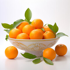 Fresh mandarins with green leaves in a bowl isolated on white background