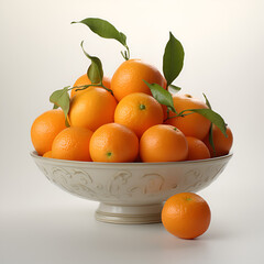 Fresh mandarins with green leaves in a bowl isolated on white background
