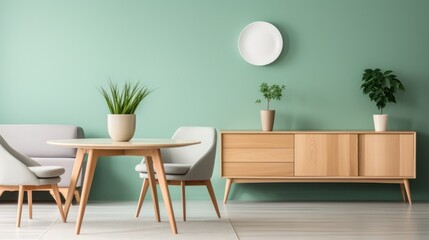 Mint color chairs at round wooden dining table