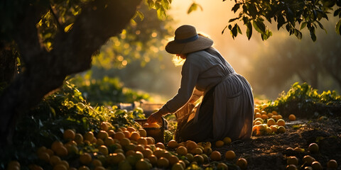 Older woman harvesting fresh oranges, wearing a hat with bright sun light shining