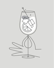 Hand holding glass of spritz cocktail drawing in flat line style on grey background