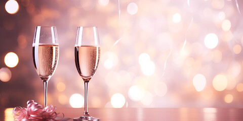 Two glasses of champagne on table, blurred pink background with lights