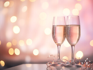 Two glasses of champagne on table, blurred pink background with lights