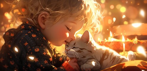 A little girl kissing a cat on a bed - obrazy, fototapety, plakaty