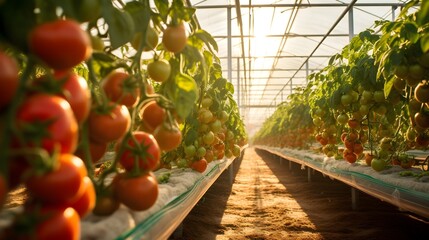 Tomatoes plants in a greenhouse on a farm.