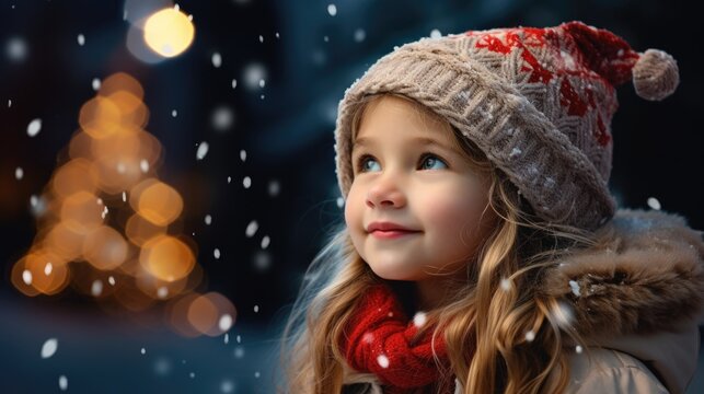 A little girl wearing a hat and scarf in the snow