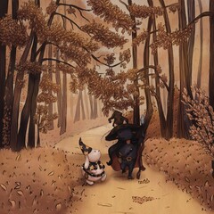 Иллюстрация без названия The cat-mage and the rabbit are walking through the autumn forest.