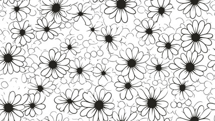 Black and white floral seamless pattern illustration. Vintage 70s style hippie flower background design. Y2k nature backdrop with daisy flowers
