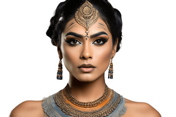 An Indian Actress in Dramatic Makeup on Transparent Background. AI
