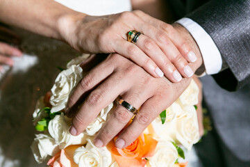 Obraz na płótnie Canvas Newly Wed Couple; Hands With Wedding Rings.