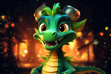 a small, cute green dragon is celebrating Christmas and New Year. symbol of the year 2024. dark background and lights