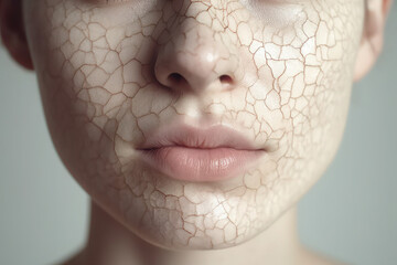Woman with dry skin on face against. girl with cracks and dermatitis. personal care in cosmetology. - obrazy, fototapety, plakaty