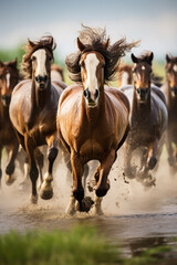 Fototapeta premium a herd of horses run across the field, steppe. many animals, pets graze. farm or household. strength and speed