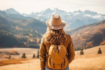 Naklejka premium woman traveler with backpack in hat and looking at mountains and forest. hobby, recreation, hiking and tourism