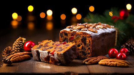 Delicious Fruitcake for Christmas with raisins, berries nuts. Shallow field of view with holiday decorations blurred.