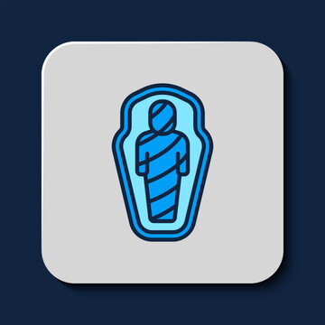 recommend clip art: Filled outline Egypt mummy in sarcophagus icon isolated on blue background. Vector